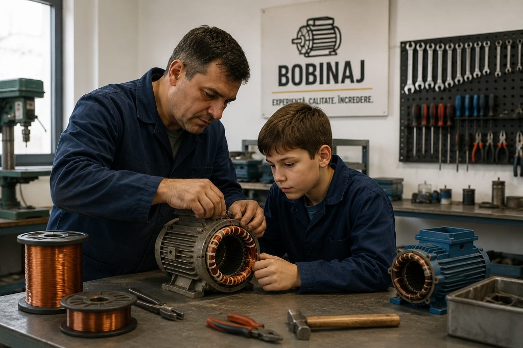 Pinte Alin și fiul său bobinând un stator în atelier